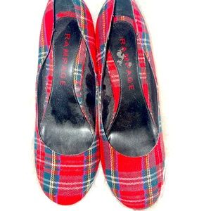 Red tartan heels, size 7